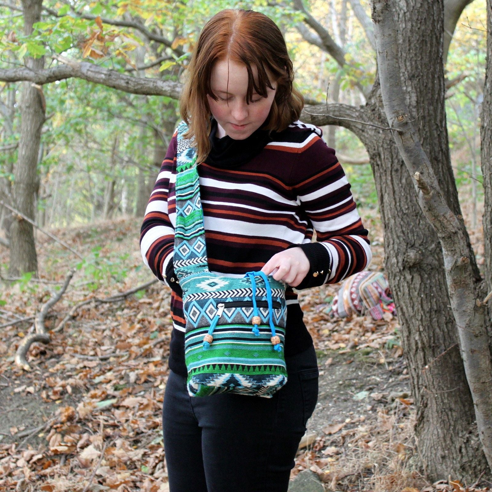 Sac Sling Jacquard Ethnique – Coloris Teal | Style Népalais | Ultra-Léger | Artisanal