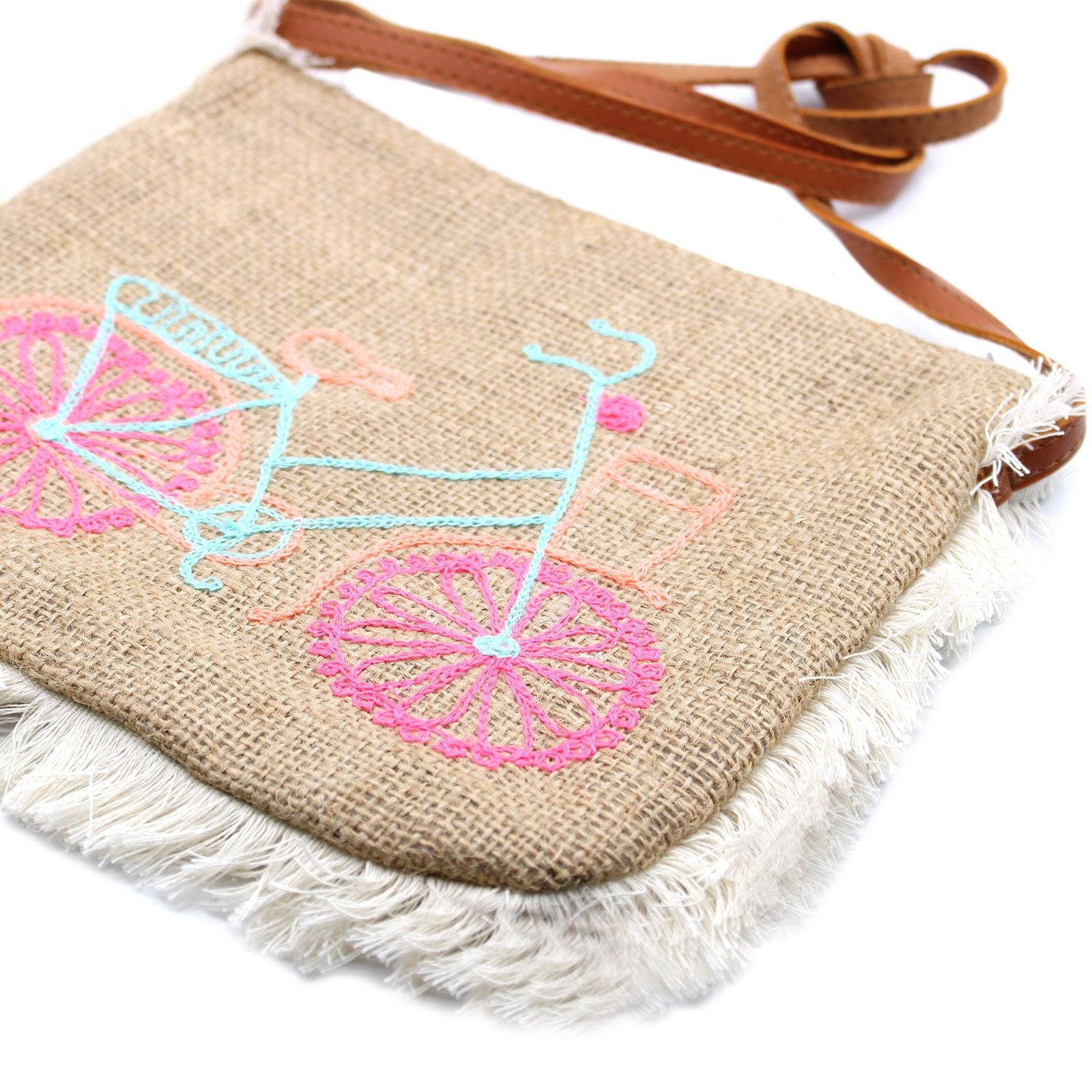 Sac À Franges Broderie Vélo – Jute Artisanal Bali | Ultra-Léger 94g | Brodé Main
