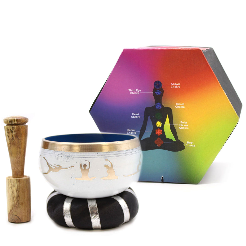 * Coffret de bol chantant blanc et bleu aux postures de yoga, 10,7 cm