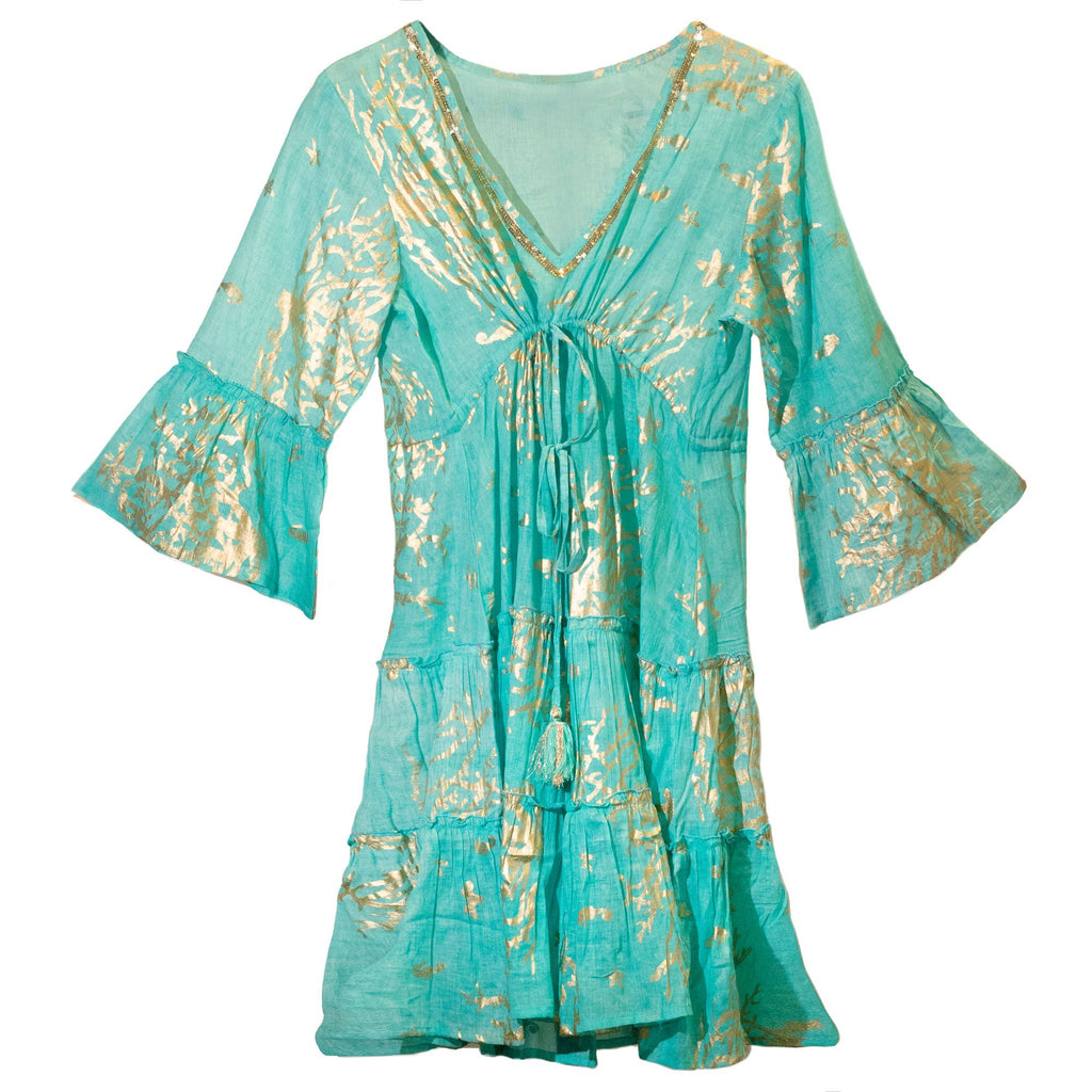 Robe Femme Turquoise & Corail Doré – Collection Nomad Sari Méditerranée (L/XL)