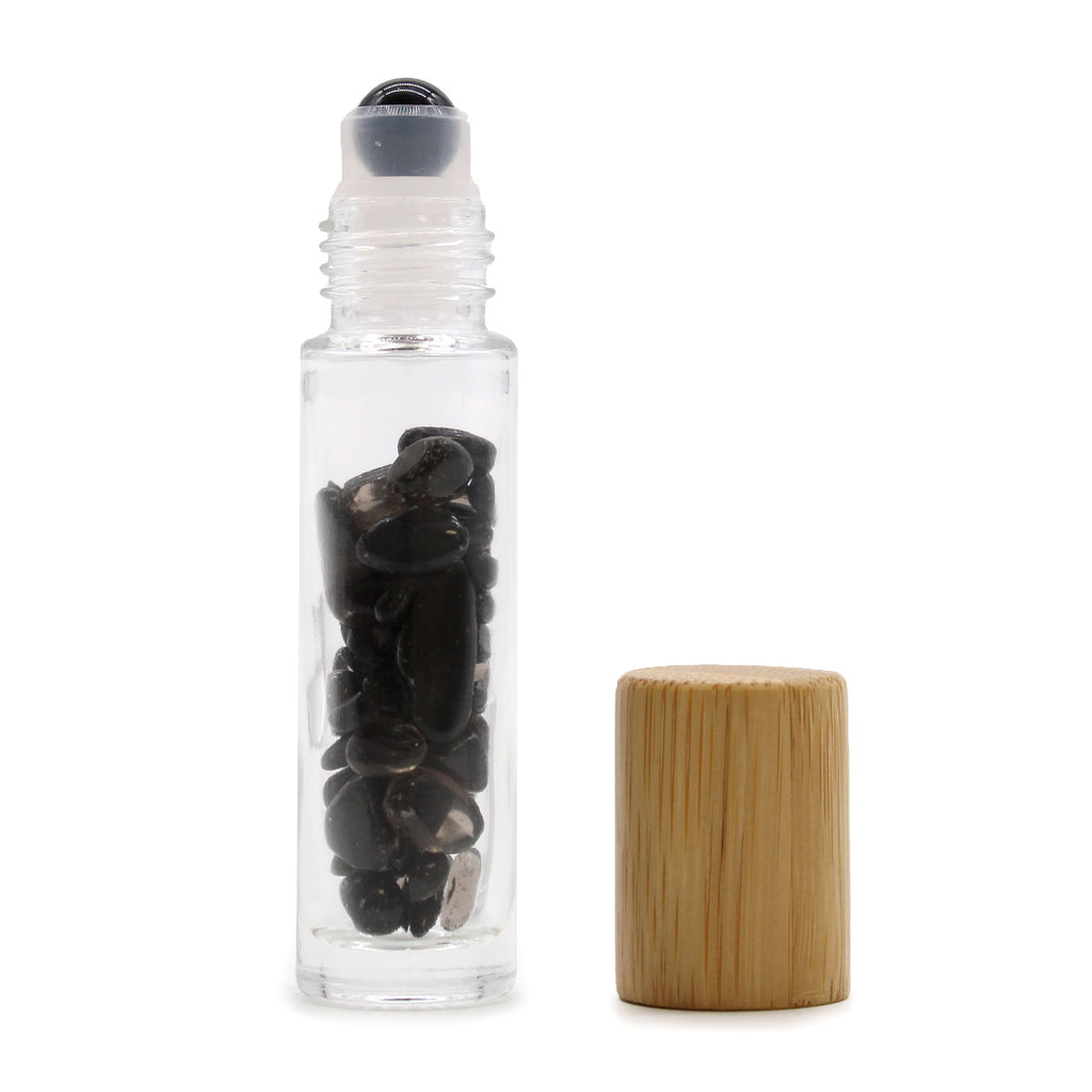 * Flacon roll-on pour huiles essentielles en tourmaline noire – 5 ml, bouchon en bois et bille en tourmaline noire