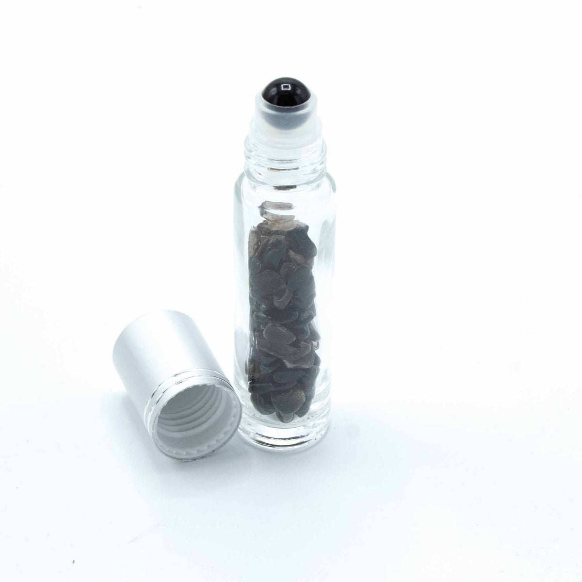 * Flacon roll-on pour huiles essentielles en tourmaline noire – 5 ml, bouchon argenté et bille en tourmaline noire