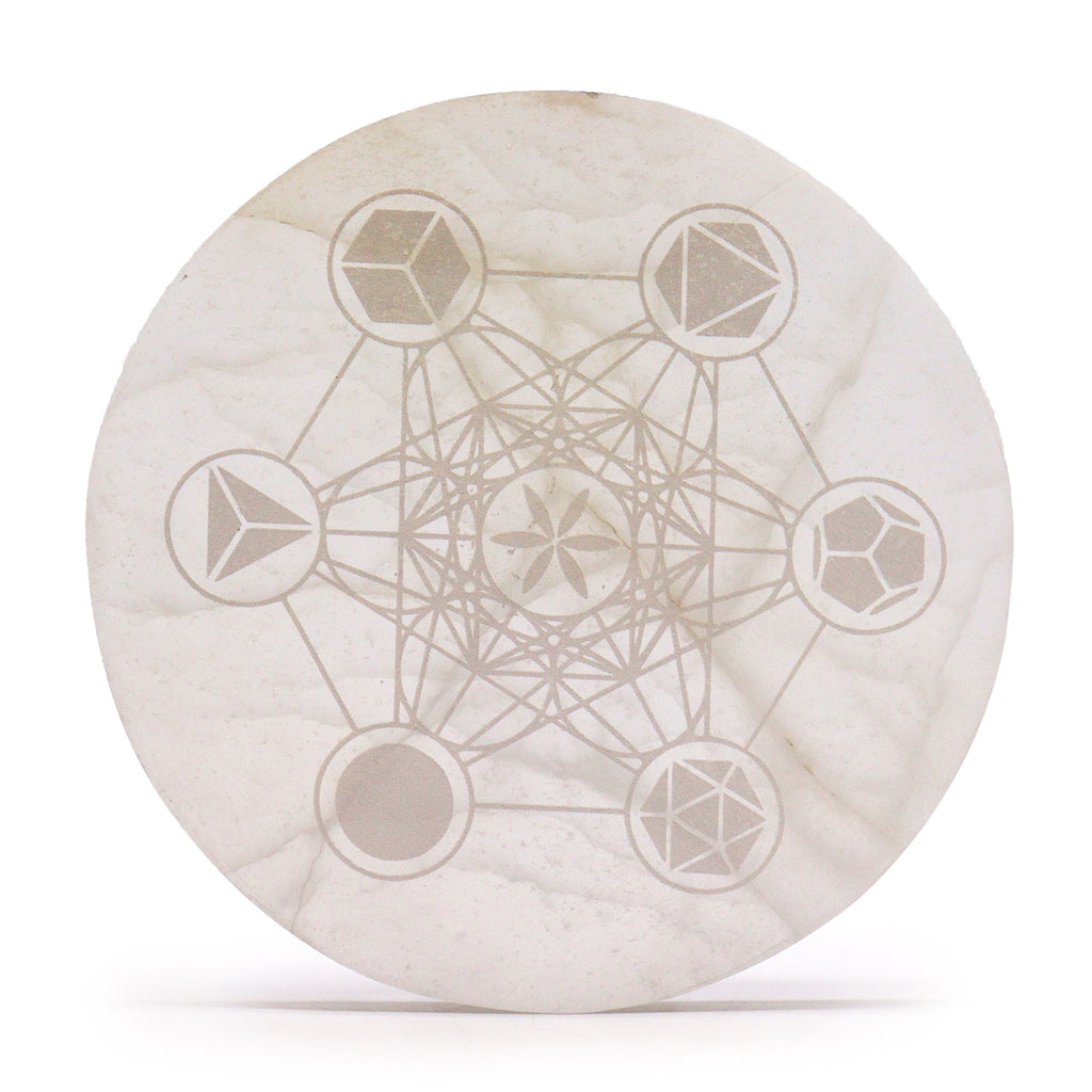 Grande plaque de rechargement en sélénite Géométrie sacrée, 18 cm