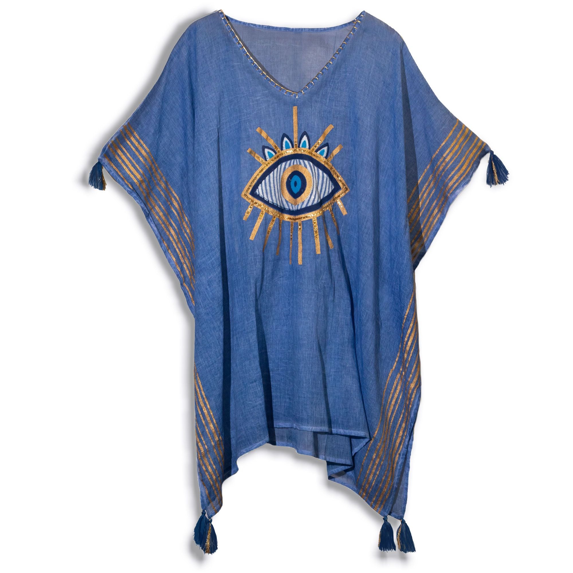Kaftan Femme Bleu Roi & Mauvais Œil Doré – Collection Nomad Sari Méditerranée
