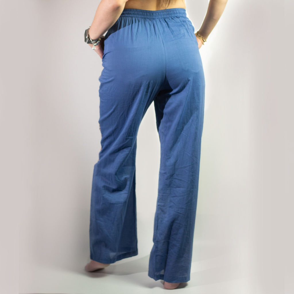 Pantalon Lounge Femme Bleu Roi & Œil Mauvais Œil Doré Peint à la Main – Collection Nomad Sari Méditerranée (M/L)