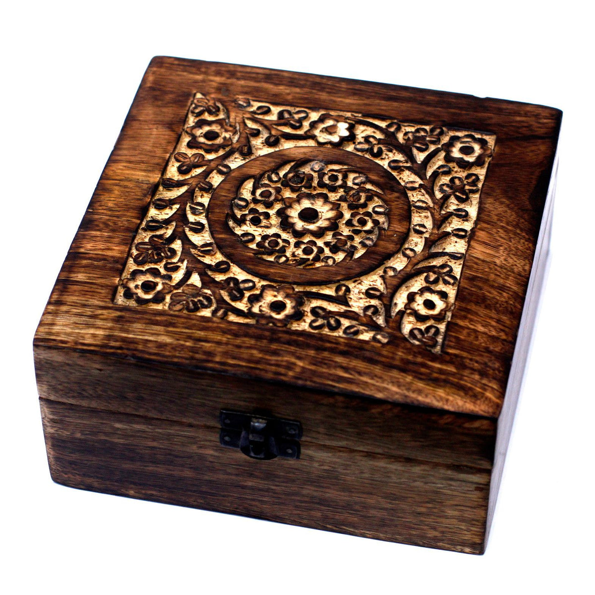 * Coffret d’aromathérapie en bois de manguier – Motifs floraux – 25 flacons