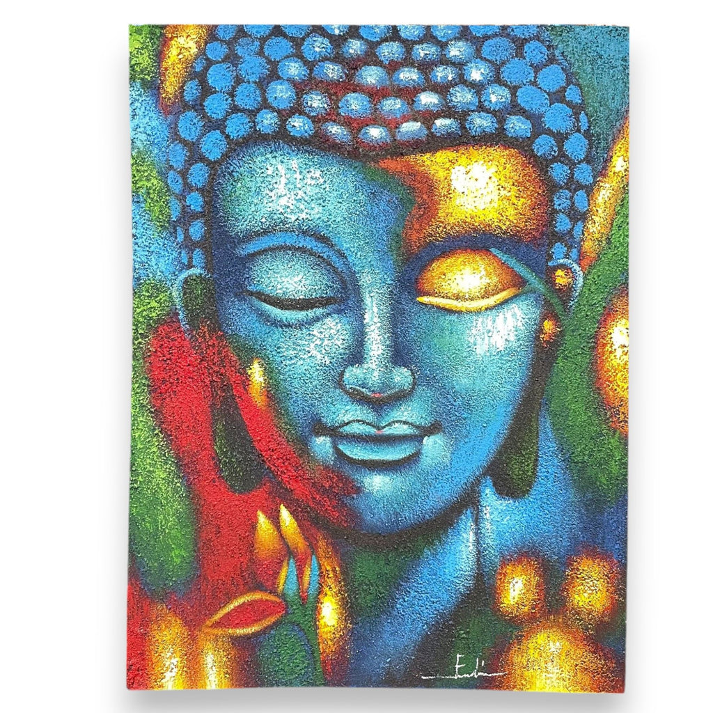 * Tableau Bouddha bleu et fleur dorée, 75 × 55 cm