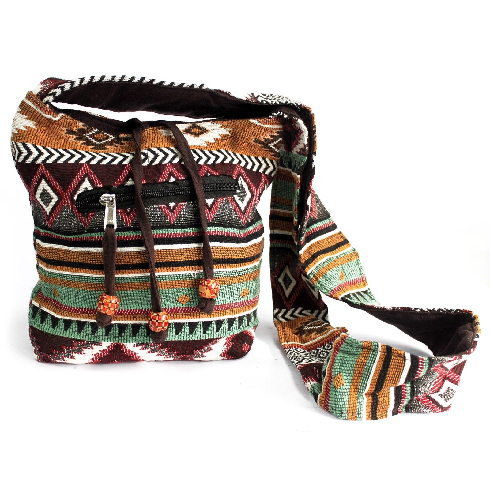 Sac Sling Jacquard Ethnique – Coloris Chocolat | Style Népalais | Artisanal