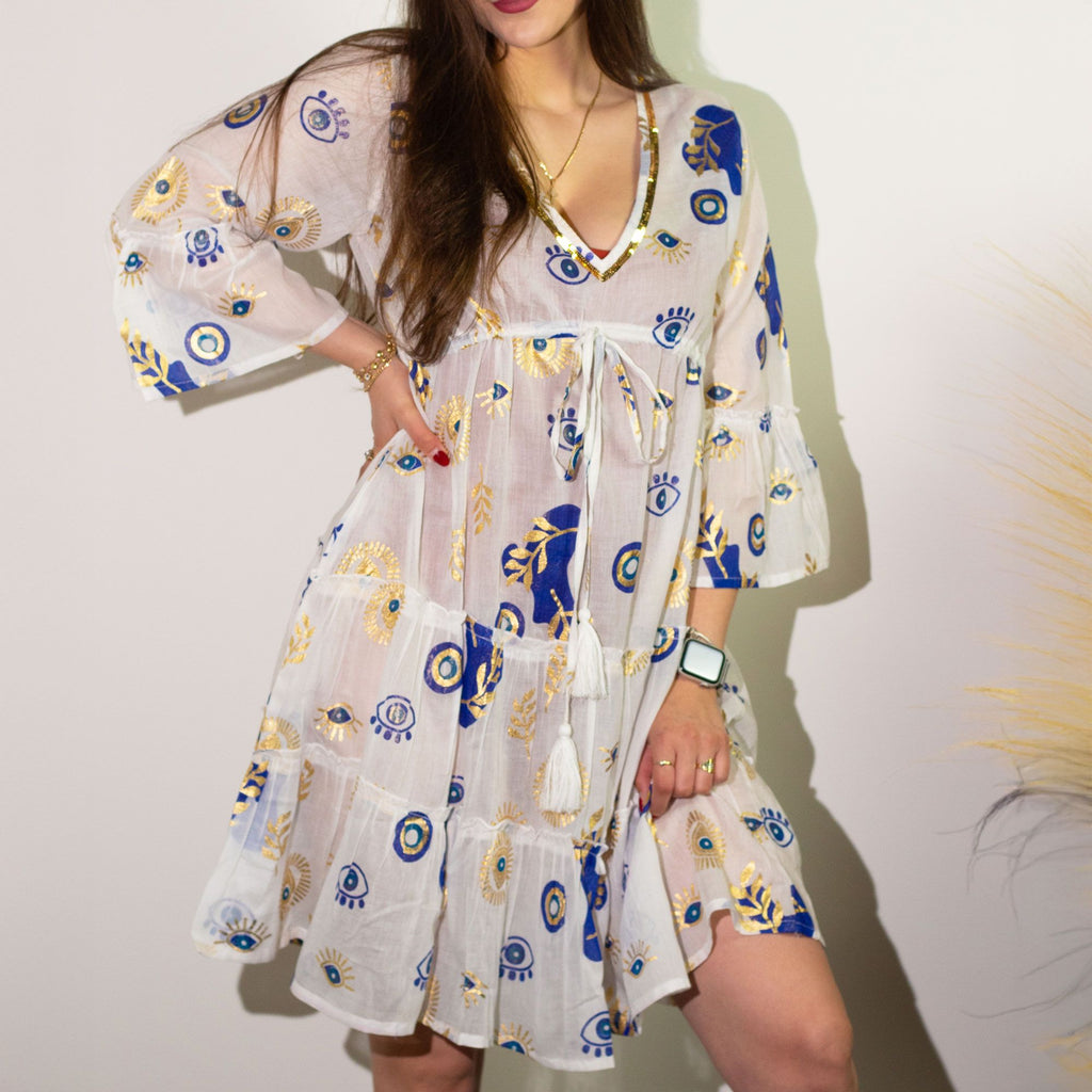 Robe Femme Mauvais Œil Blanc, Bleu & Or – Col V Doré & Jupe À Volants | Collection Nomad Sari Méditerranée (M/L)