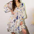 Robe Femme Mauvais Œil Blanc, Bleu & Or – Col V Doré & Jupe À Volants | Collection Nomad Sari Méditerranée (M/L)