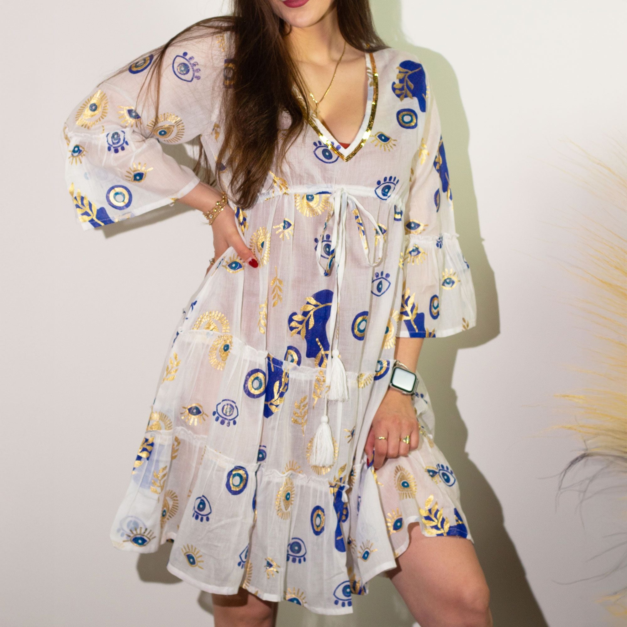 Robe Femme Œil Mauvais Œil Blanc, Bleu & Or – Collection Nomad Sari Méditerranée (L/XL)