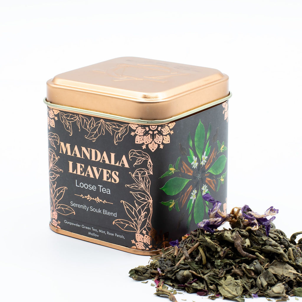 Thé Sérénité Souk 50g – Thé Vert Gunpowder Menthe Rose Mauve | Boîte Métallique