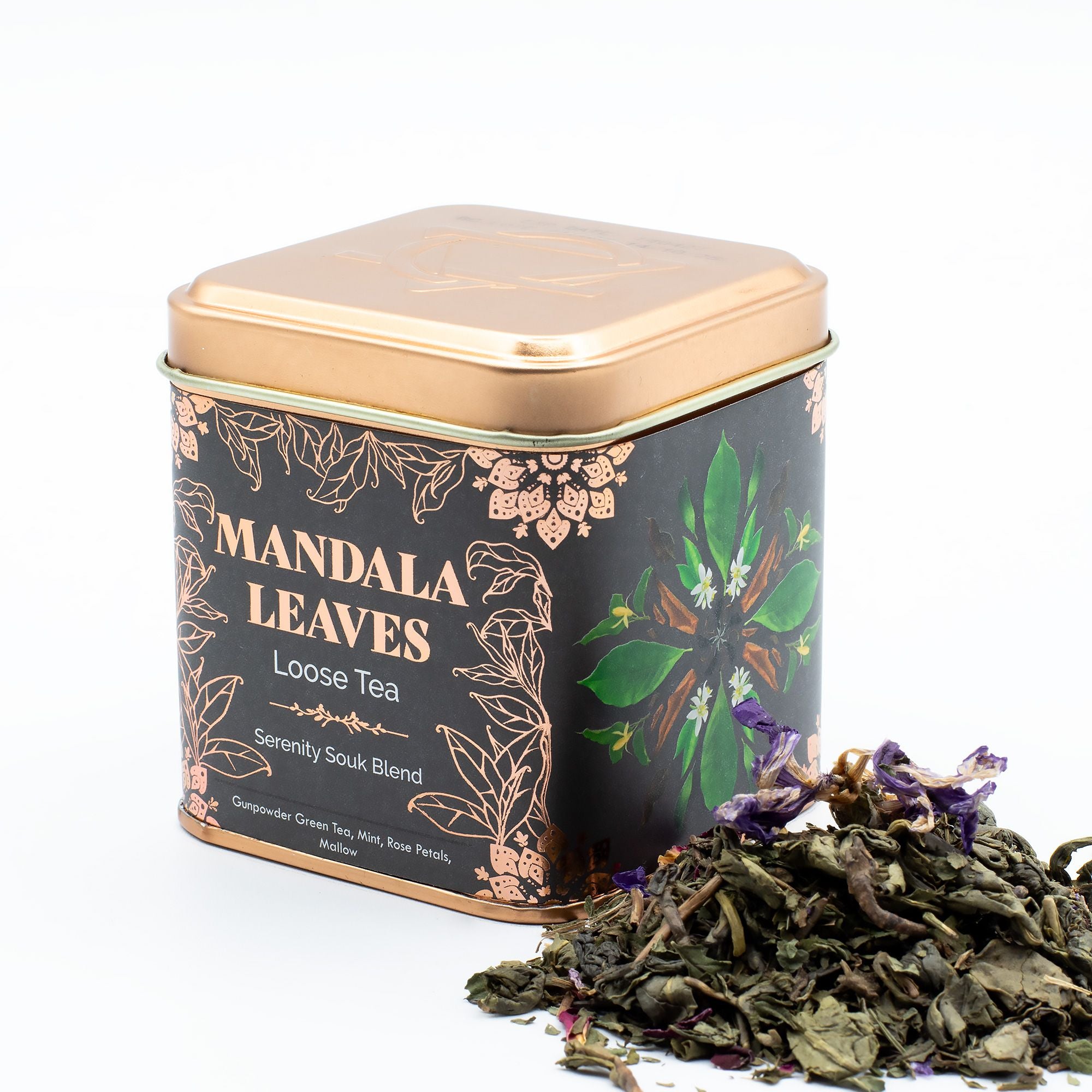 Thé Sérénité Souk 50g – Thé Vert Gunpowder Menthe Rose Mauve | Boîte Métallique