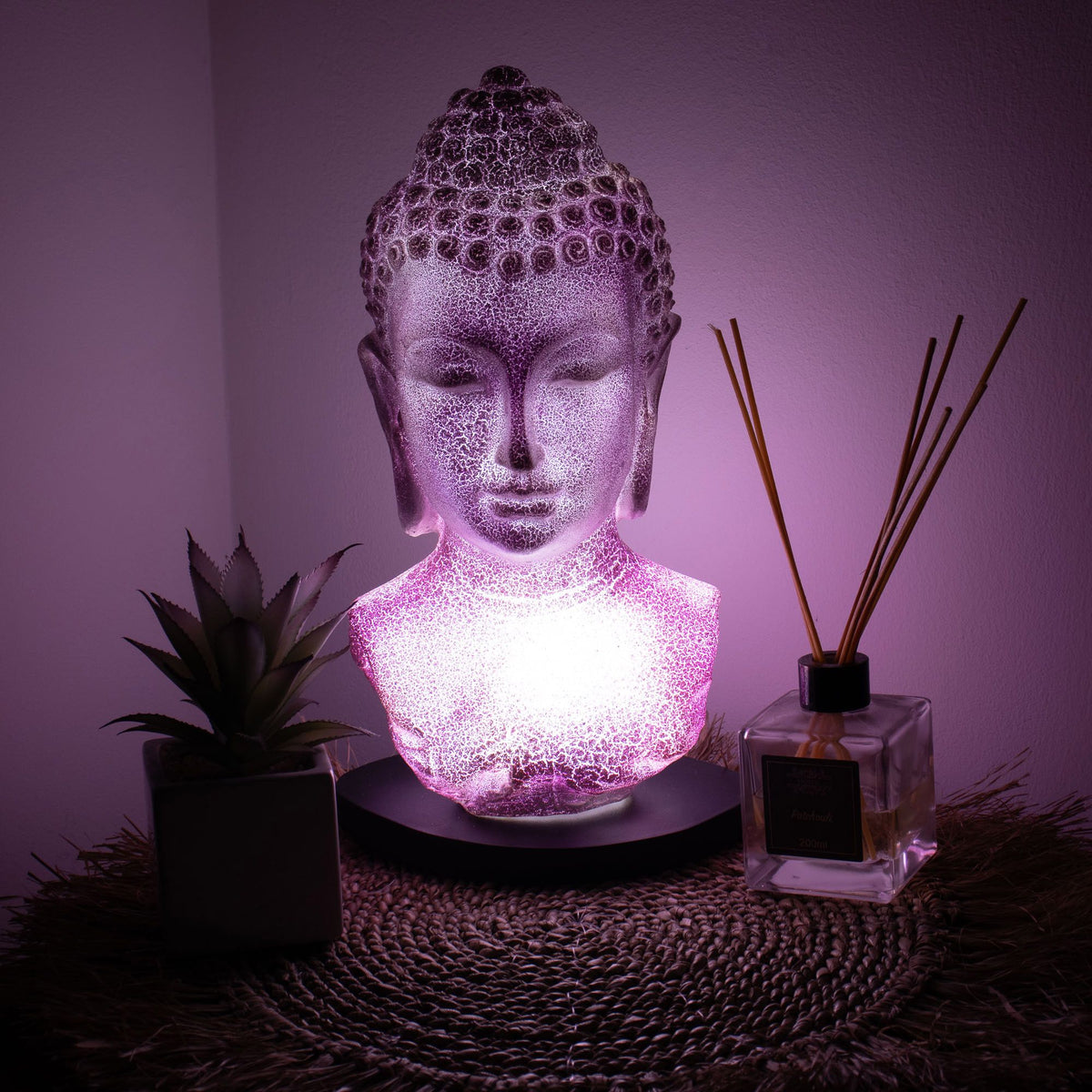 * Lampe buste de Bouddha – Finition lavande craquelée et socle ovale