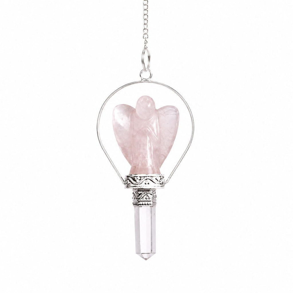 Pendule ange en quartz rose avec anneau