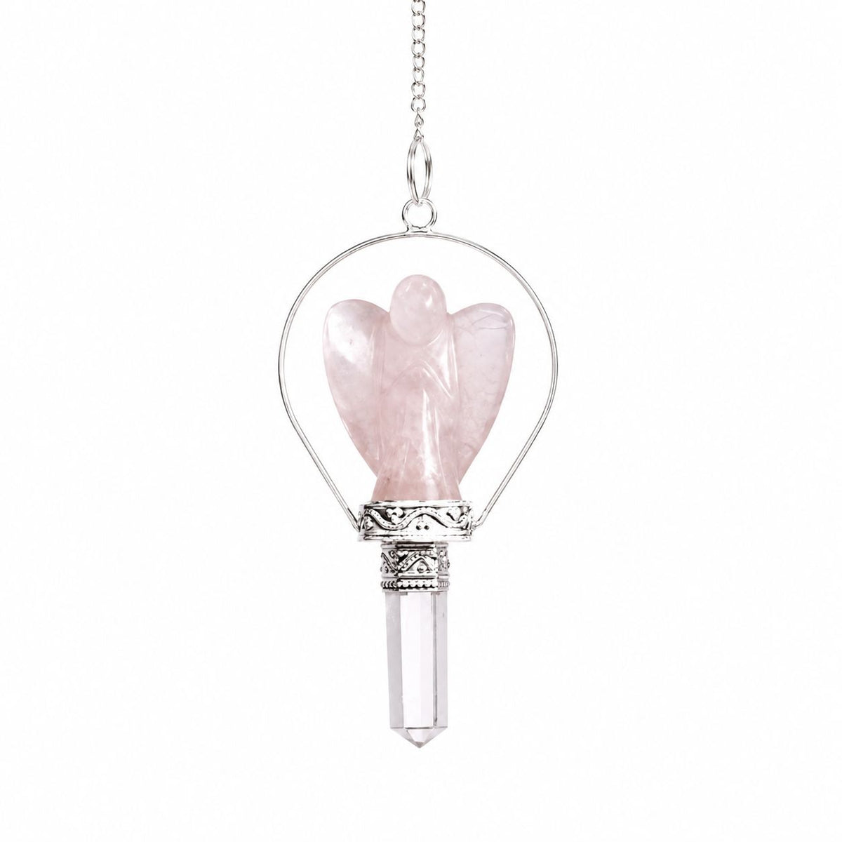 Pendule ange en quartz rose avec anneau