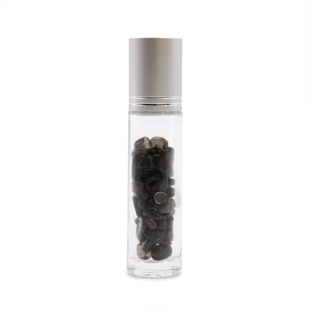 * Flacon roll-on pour huiles essentielles en tourmaline noire – 5 ml, bouchon argenté et bille en tourmaline noire