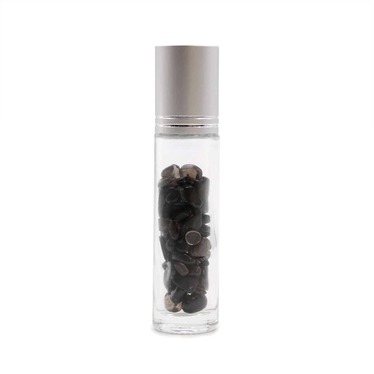 * Flacon roll-on pour huiles essentielles en tourmaline noire – 5 ml, bouchon argenté et bille en tourmaline noire