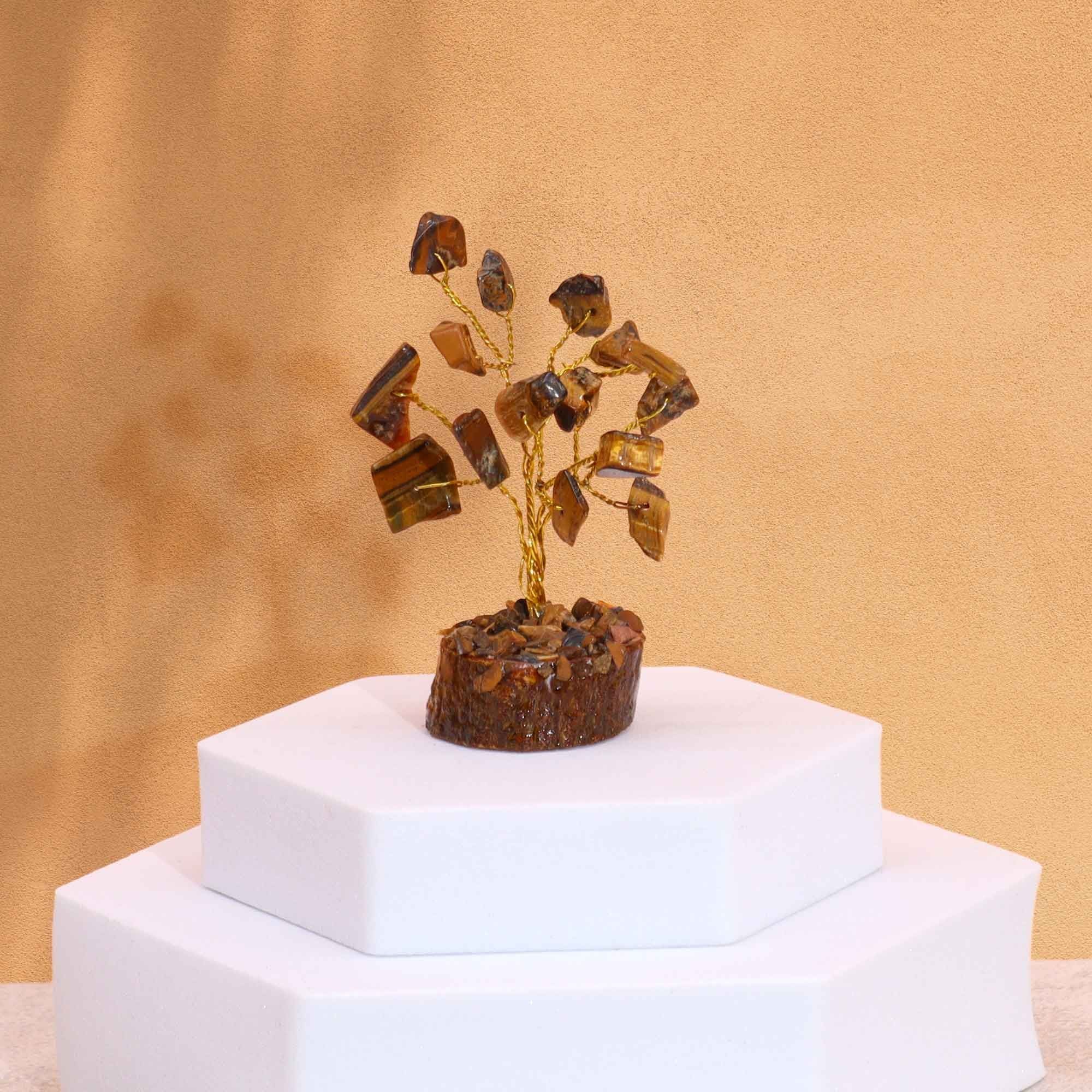Mini Arbres en Pierres Précieuses sur Socle en Bois – Œil de Tigre (15 pierres)
