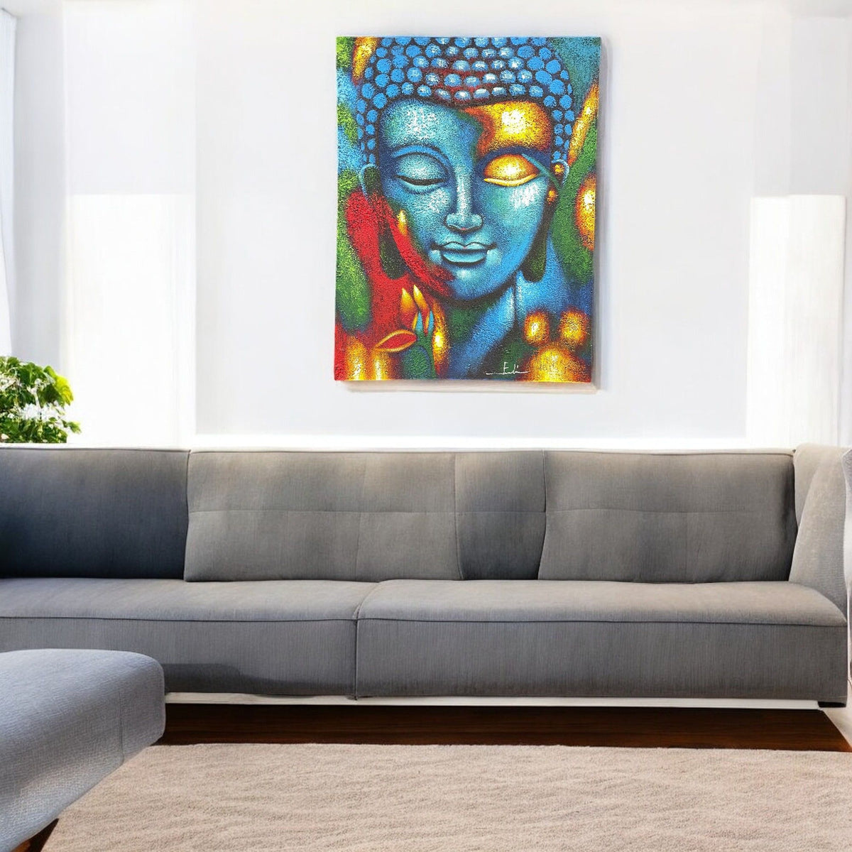 * Tableau Bouddha bleu et fleur dorée, 75 × 55 cm