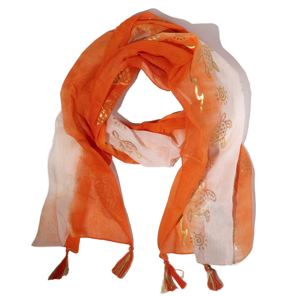 Foulard Femme Corail & Tortues Dorées Ombré avec Franges – Collection Nomad Sari Summer (180x50cm)
