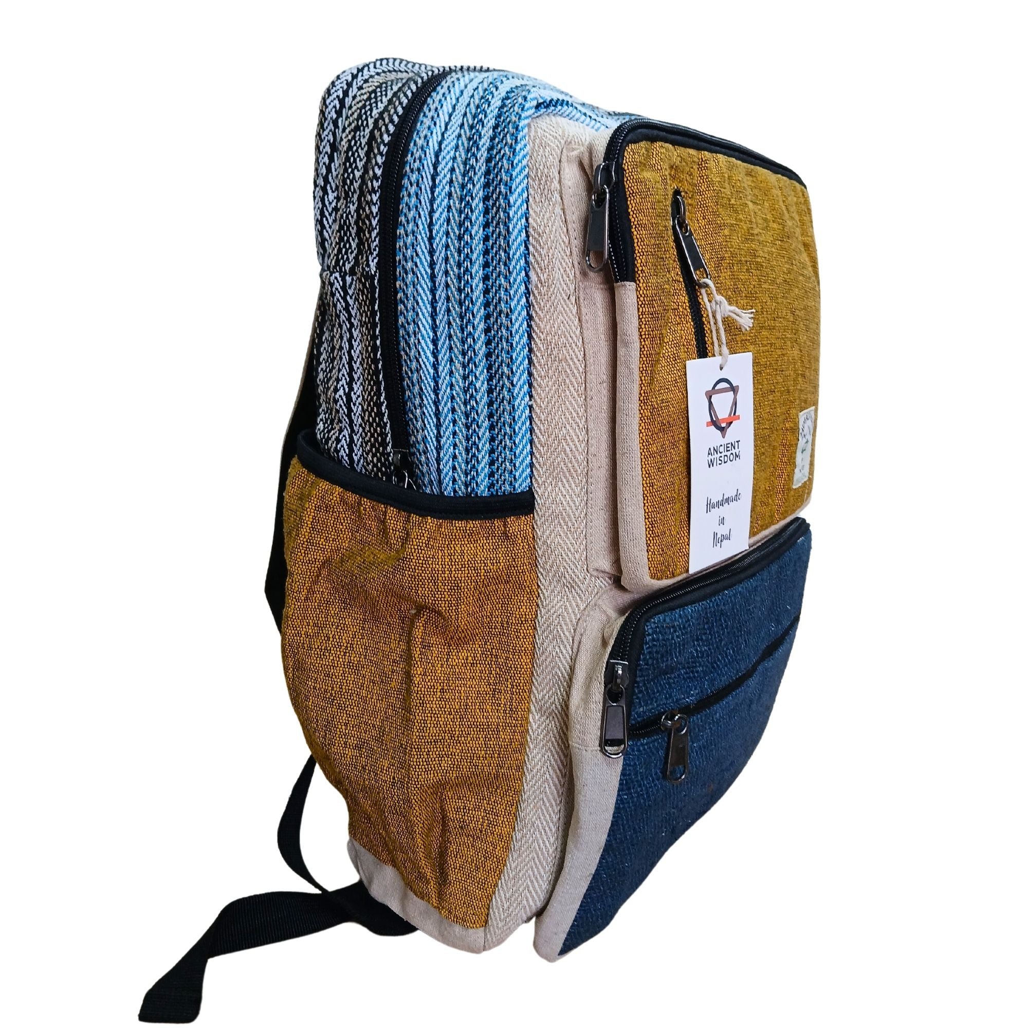 Grand Sac à Dos Structuré en Chanvre – Bleu Canard & Curcuma | Artisanal Népal