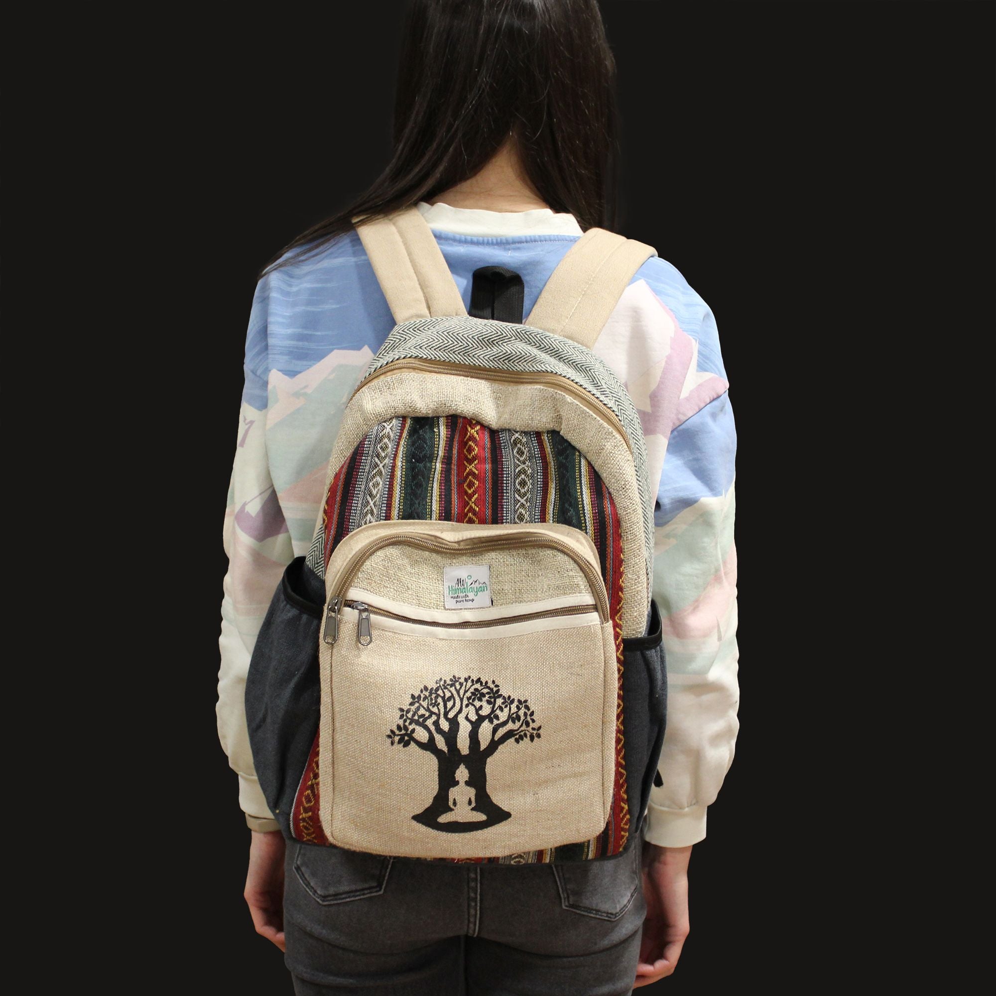 Grand Sac à Dos en Chanvre – Motif Arbre de Bodhi | Artisanal Népal
