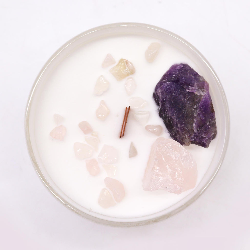 Bougie Cristal Chakra du Troisième Œil – Améthyste & Quartz Rose