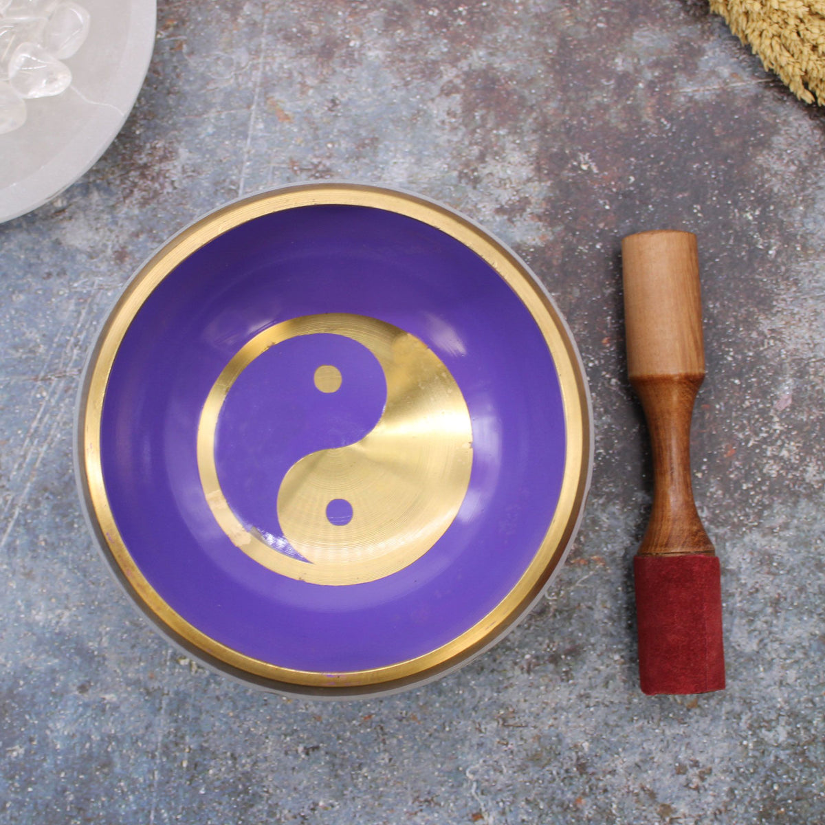 * Grand coffret de bol chantant Yin et Yang blanc et violet, 14 cm