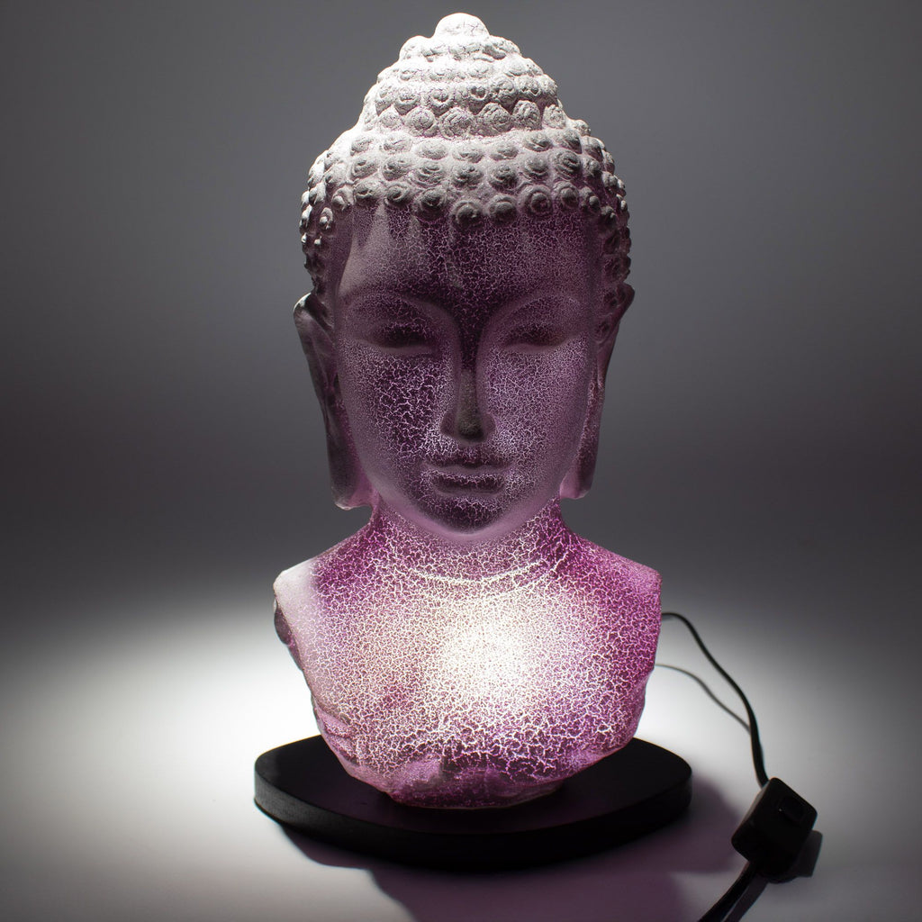 * Lampe buste de Bouddha – Finition lavande craquelée et socle ovale