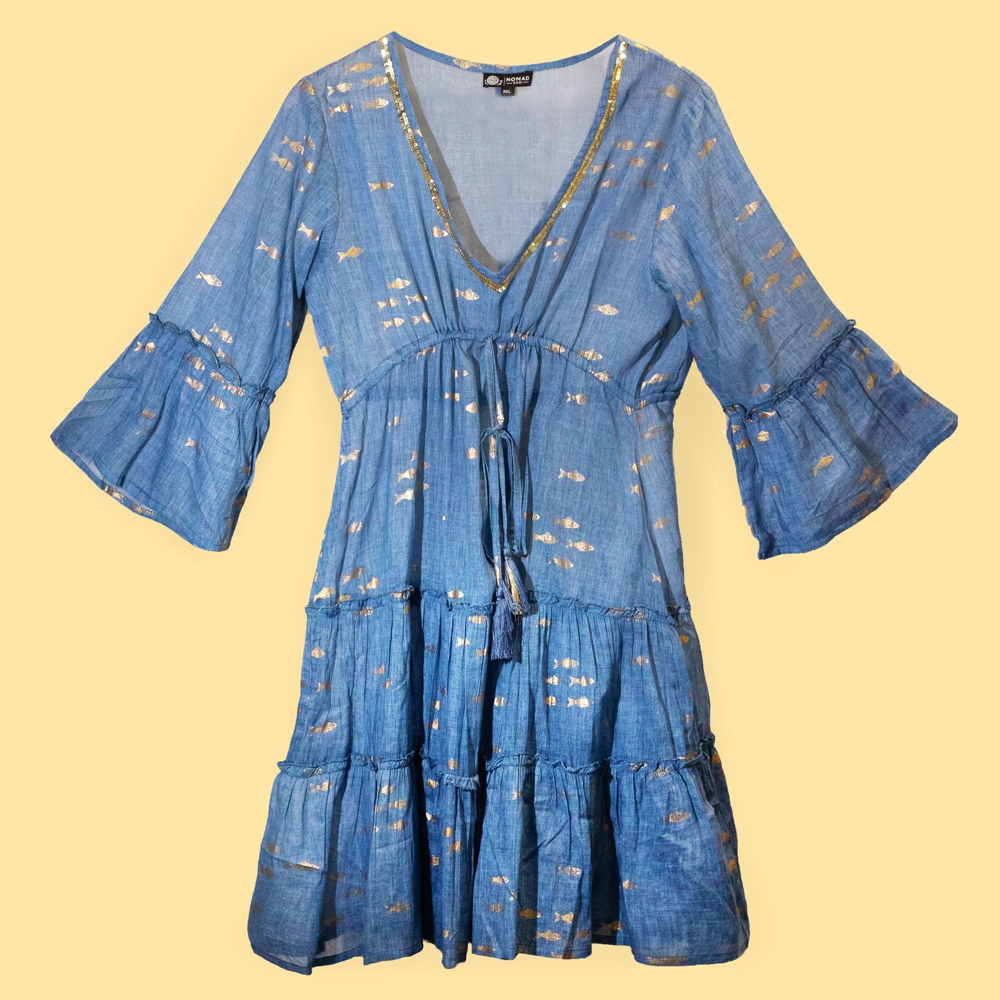 Robe Femme Bleu Mer & Poisson Doré – Collection Nomad Sari Méditerranée (L/XL)