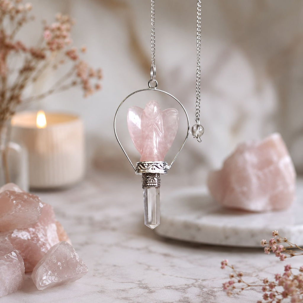 Pendule ange en quartz rose avec anneau