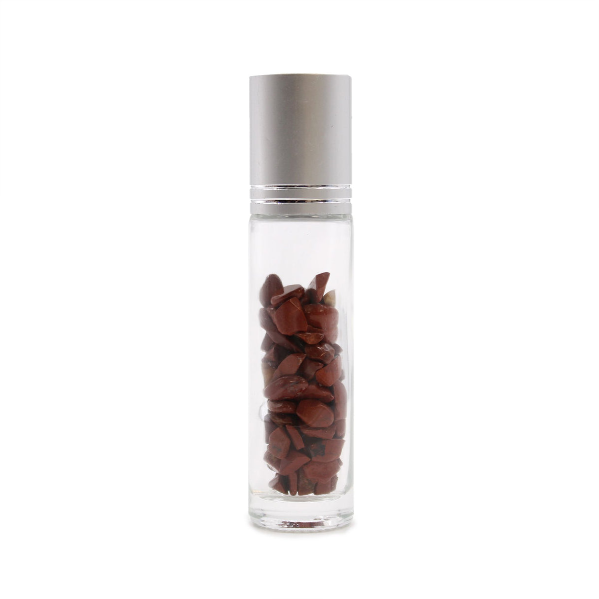 * Flacon roll-on pour huiles essentielles en jaspe rouge – 5 ml, bouchon argenté et bille en jaspe rouge