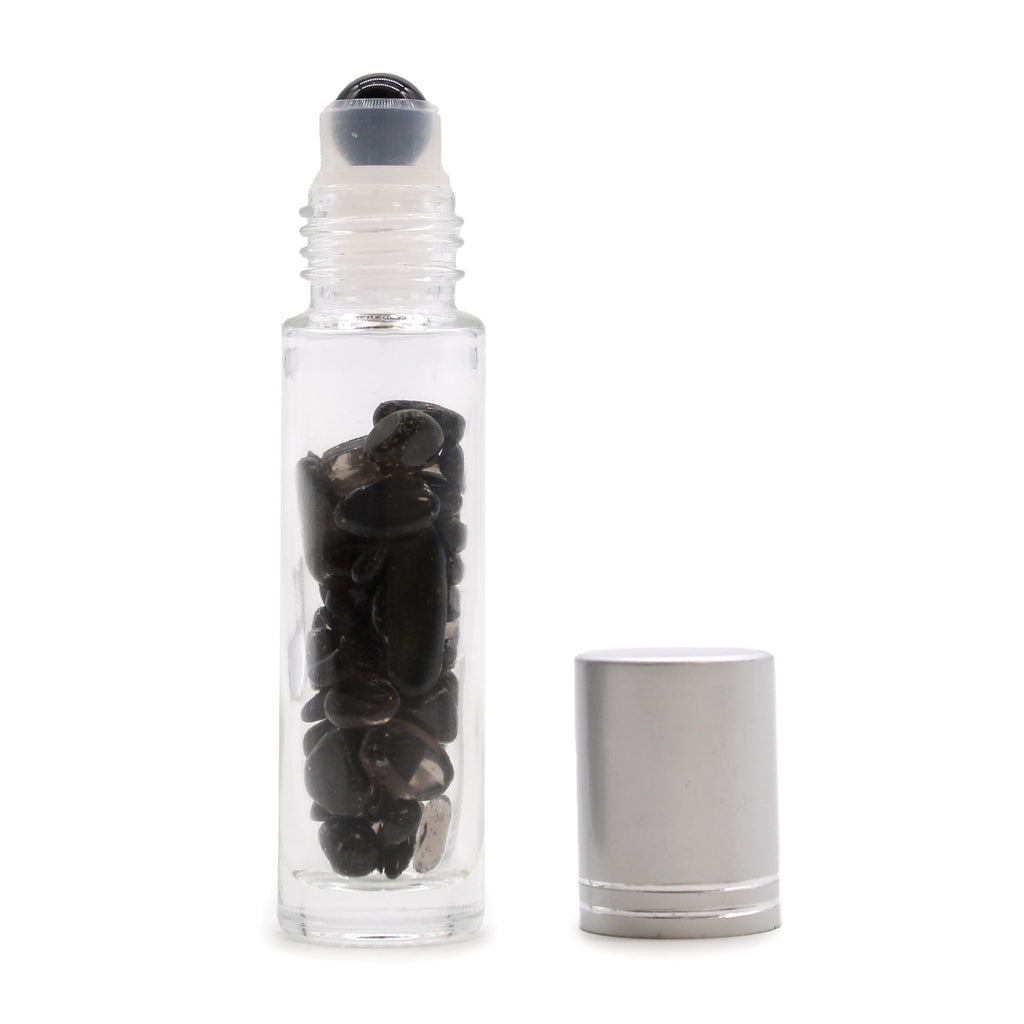 * Flacon roll-on pour huiles essentielles en tourmaline noire – 5 ml, bouchon argenté et bille en tourmaline noire