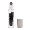 * Flacon roll-on pour huiles essentielles en tourmaline noire – 5 ml, bouchon argenté et bille en tourmaline noire