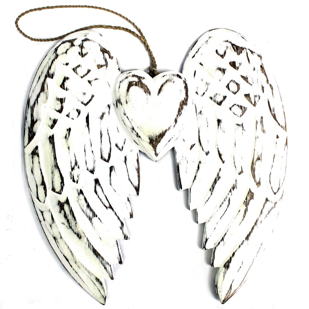 Doubles ailes d’ange et cœur sculptés à la main – 24 cm