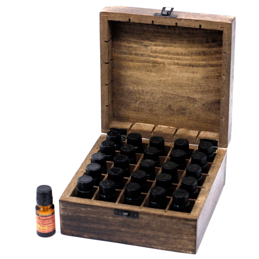 * Coffret d’aromathérapie en bois de manguier – Motifs floraux – 25 flacons