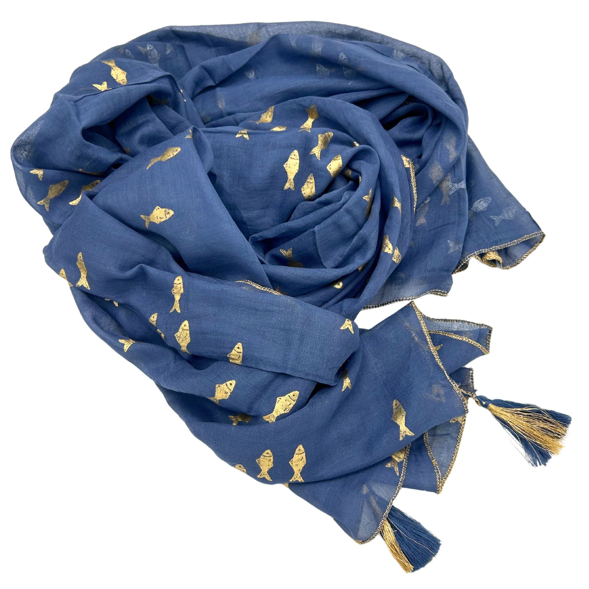 Paréo Femme Bleu Mer & Poisson Doré Peint à la Main – Collection Nomad Sari Méditerranée