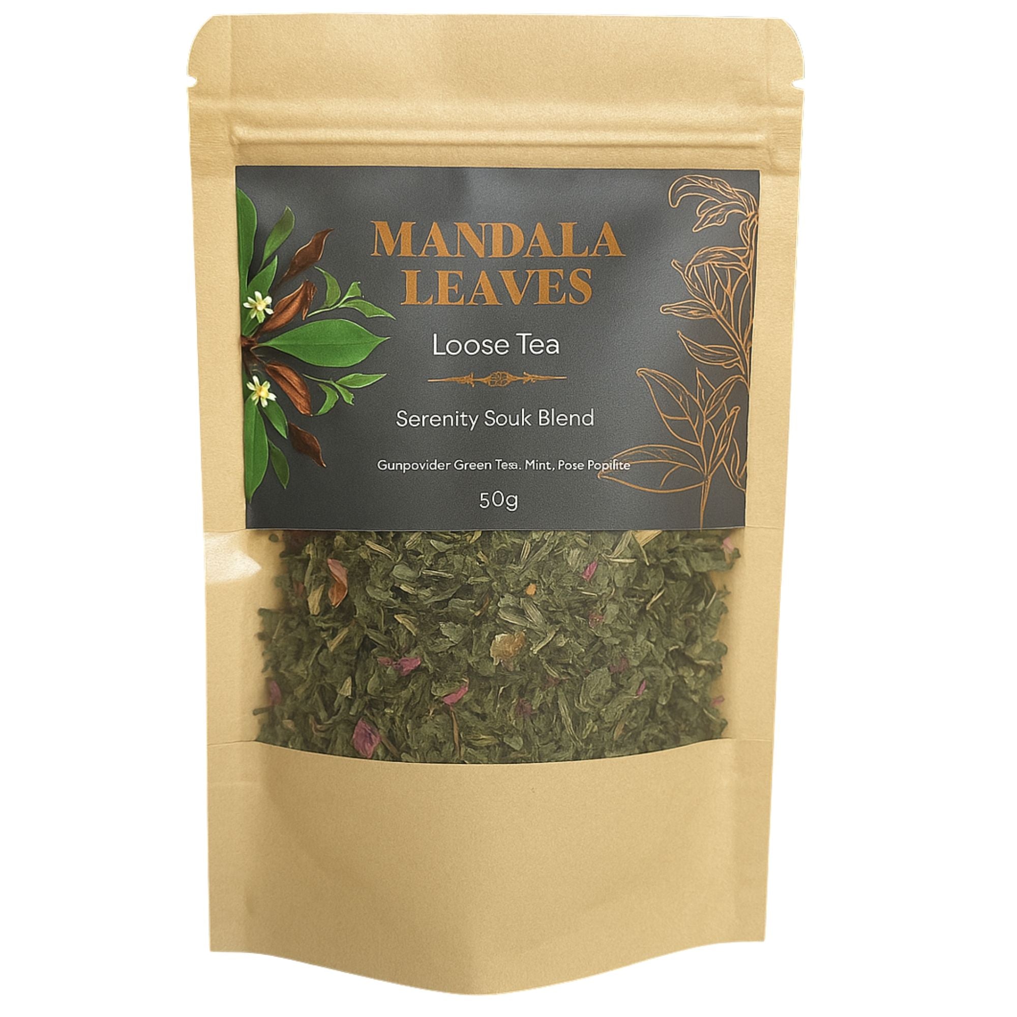 Sérénité Souk 50g – Thé Vert Menthe Marrakech Pétales | Infusion Purifiante Sachet Artisanal