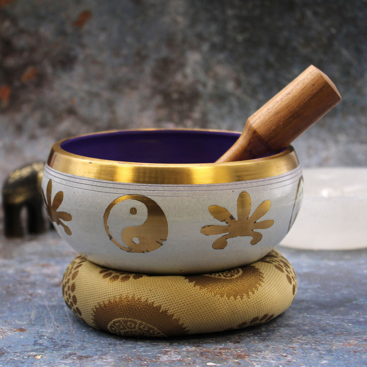 * Grand coffret de bol chantant Yin et Yang blanc et violet, 14 cm