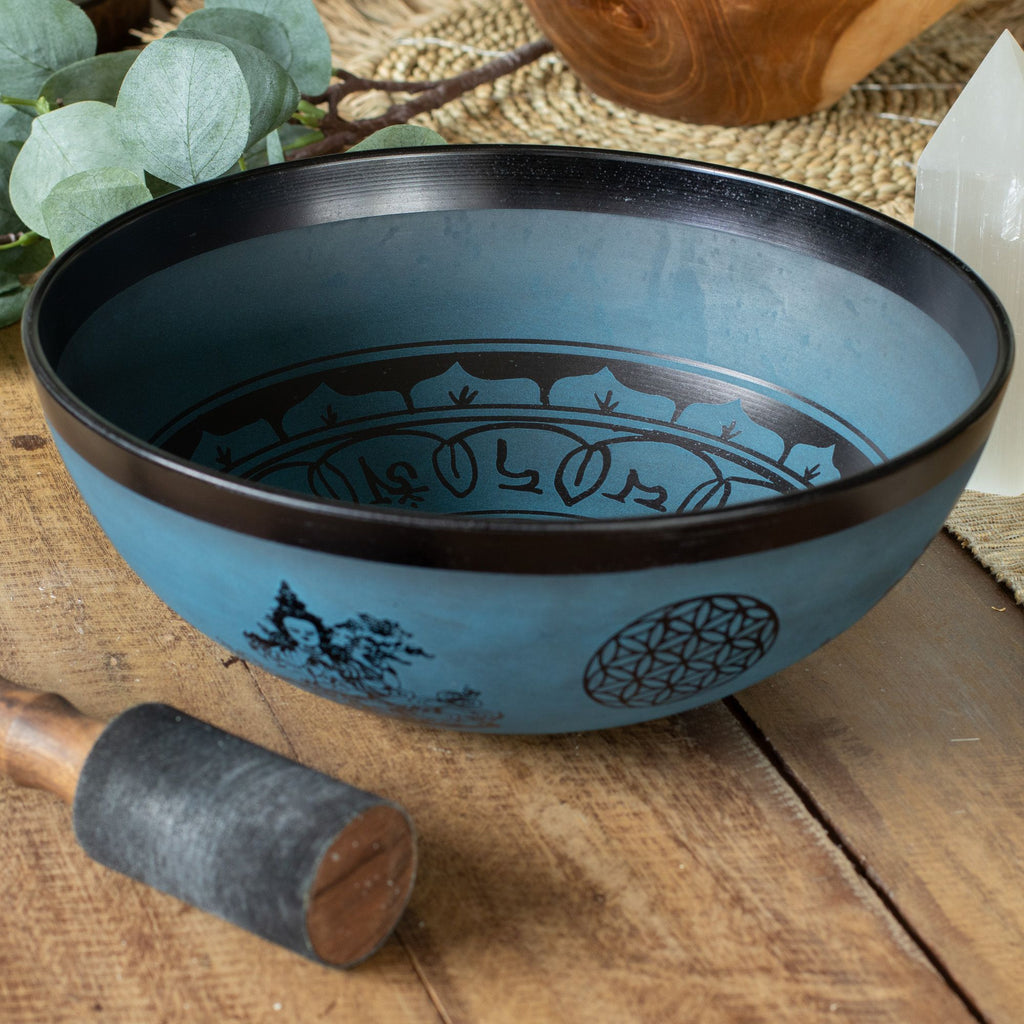 * Grand bol chantant en aluminium – Double dorjé tibétain – Bleu (27 cm)