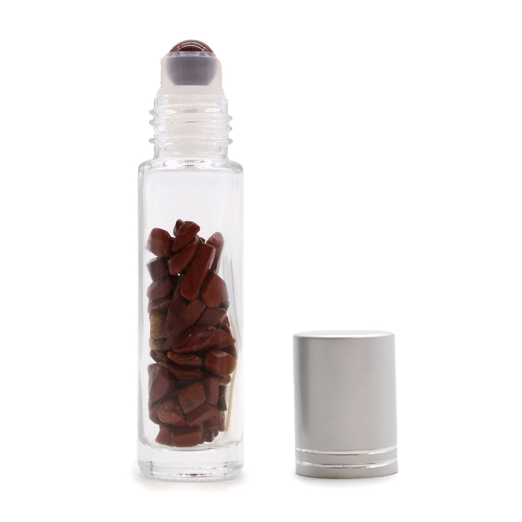 * Flacon roll-on pour huiles essentielles en jaspe rouge – 5 ml, bouchon argenté et bille en jaspe rouge