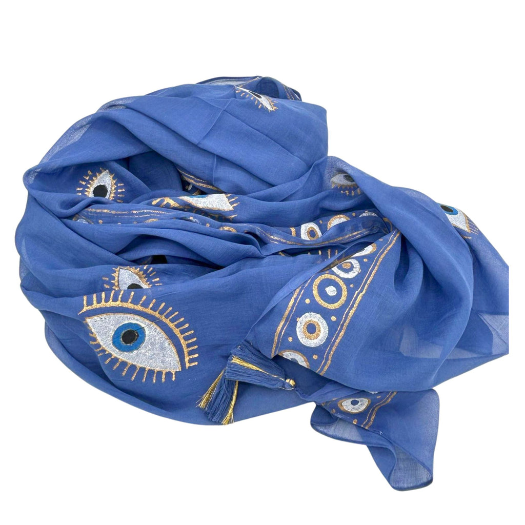 Paréo Femme Bleu Roi & Mauvais Œil Doré Peint à la Main – Collection Nomad Sari Méditerranée