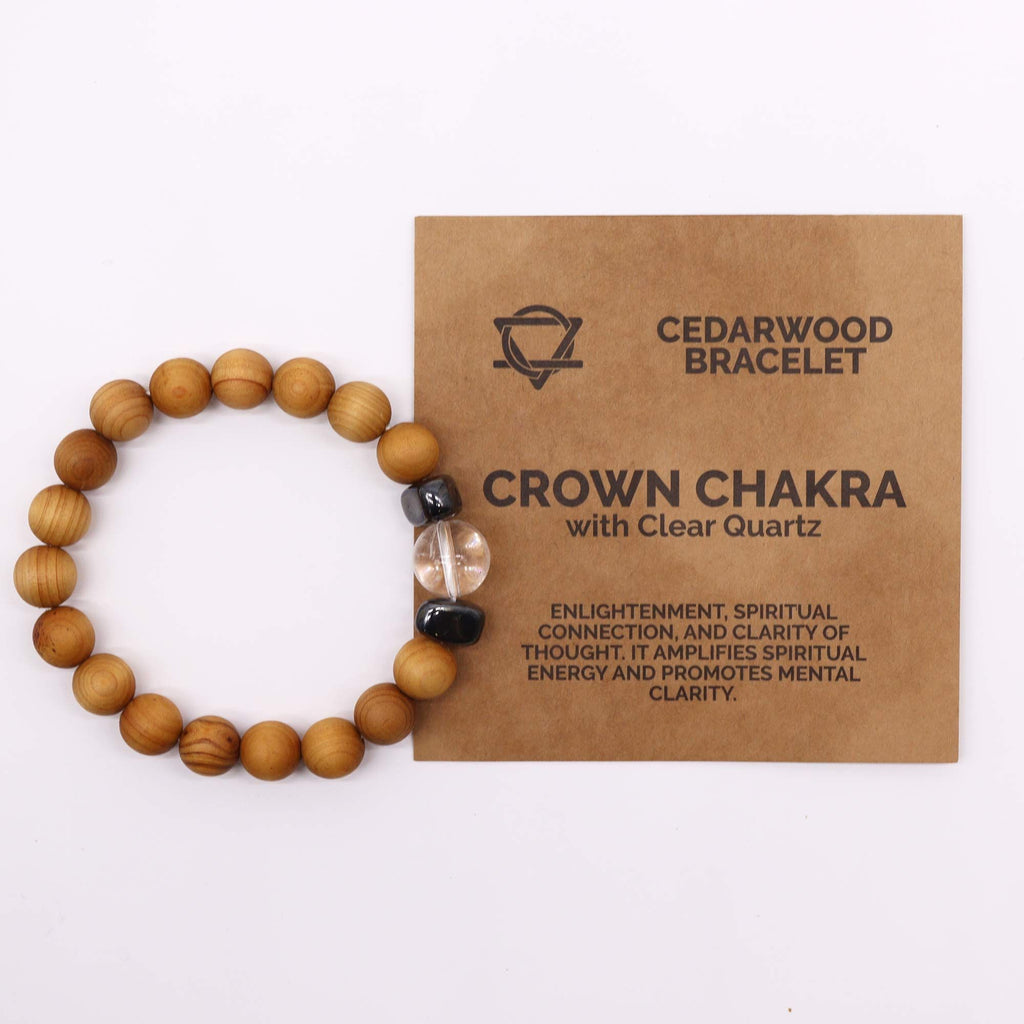 * Bracelet chakra couronne en bois de cèdre et cristal de roche