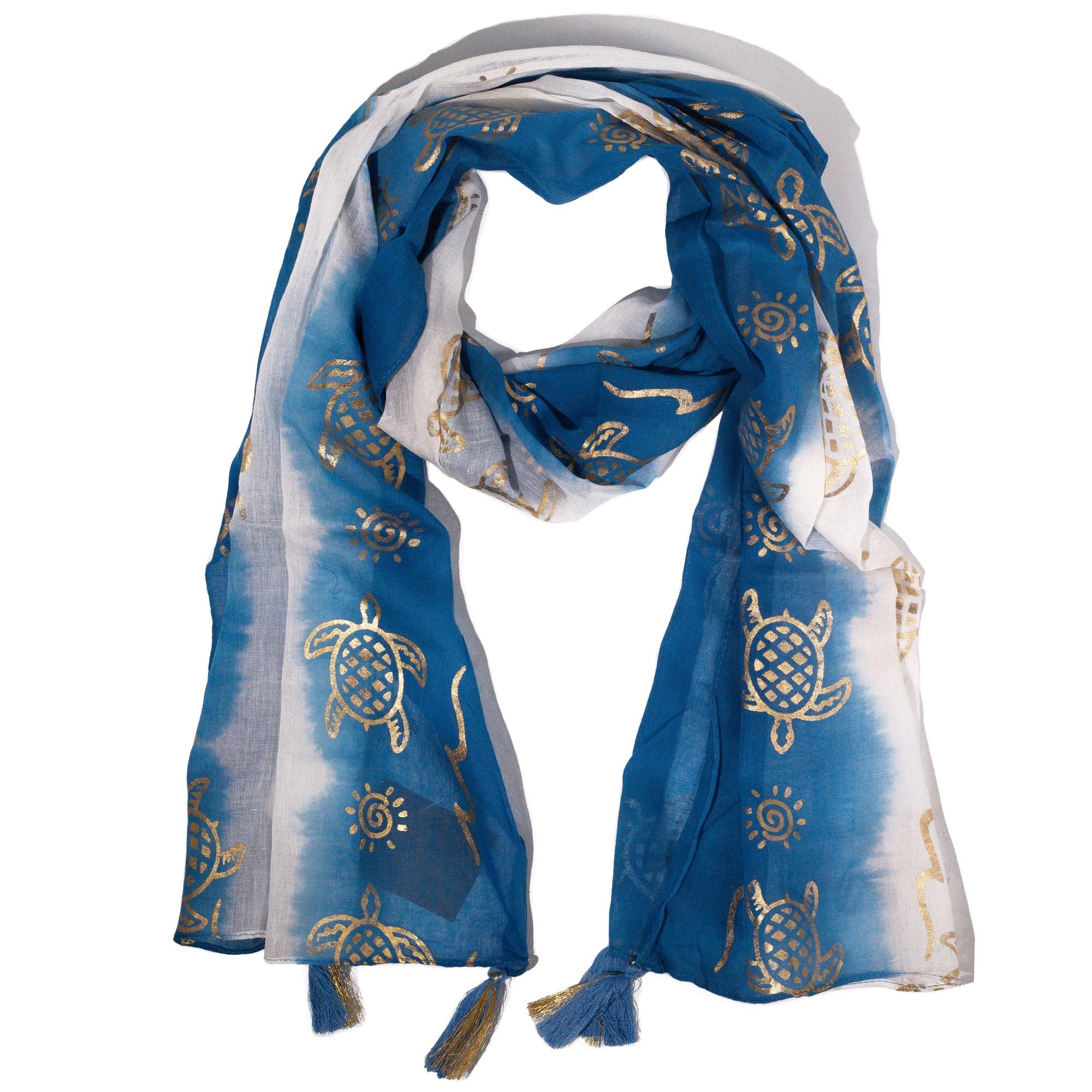 Foulard Femme Bleu Mer & Tortues Dorées Dégradé avec Franges – Collection Nomad Sari Summer (180x50cm)