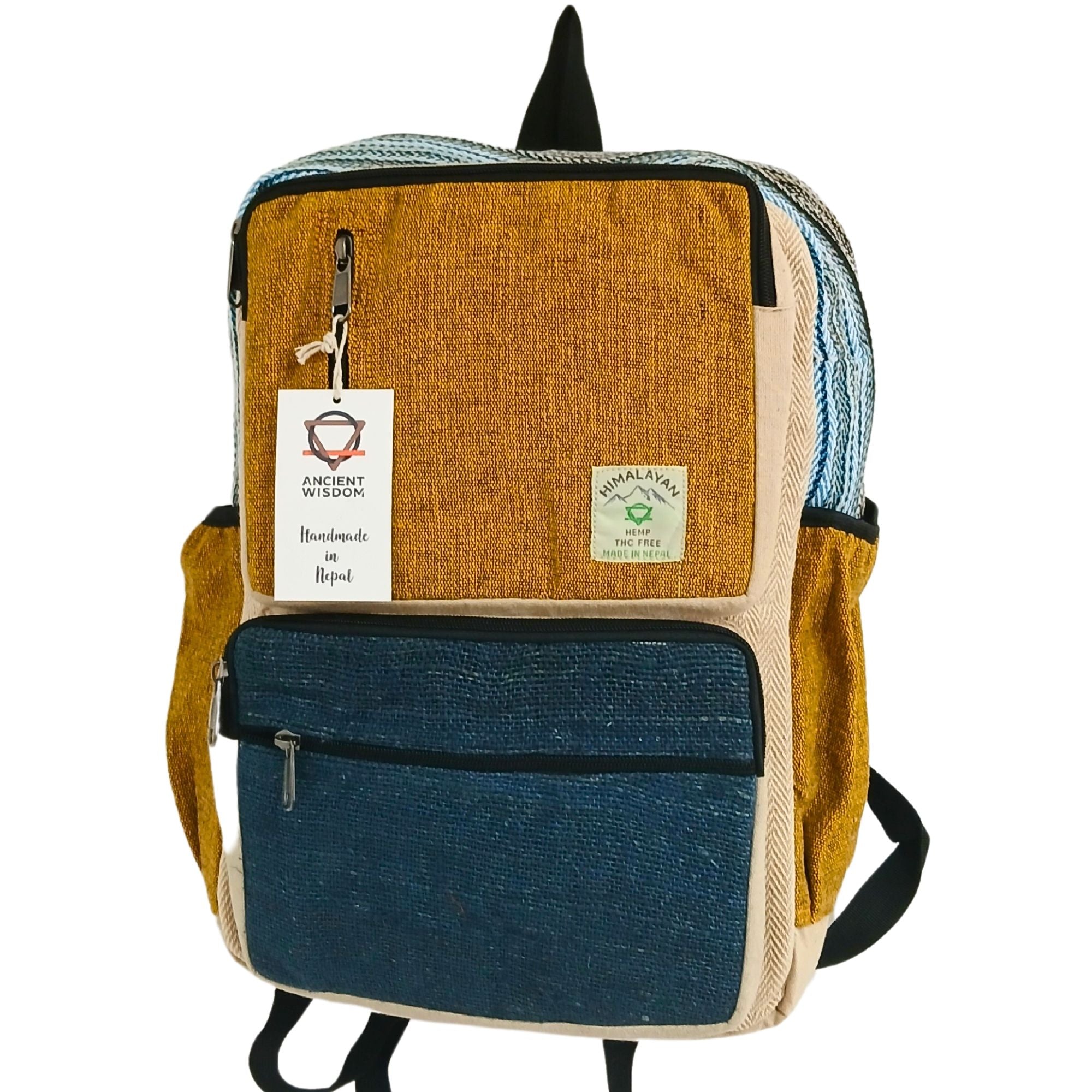 Grand Sac à Dos Structuré en Chanvre – Bleu Canard & Curcuma | Artisanal Népal