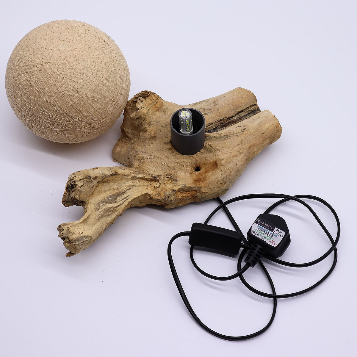 * Lampe DriftGlow Cotton Wrap – Abat-jour crème et pied en bois flotté
