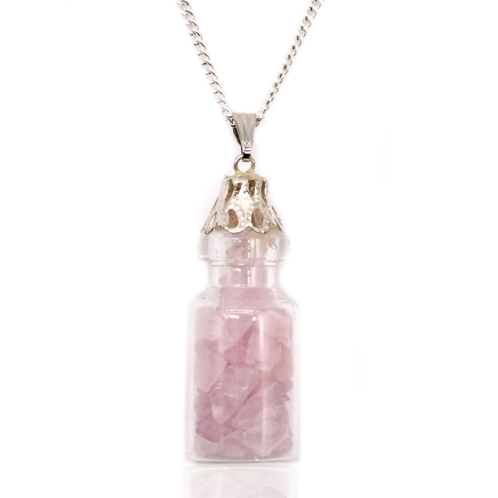 Collier fiole de pierres en quartz rose
