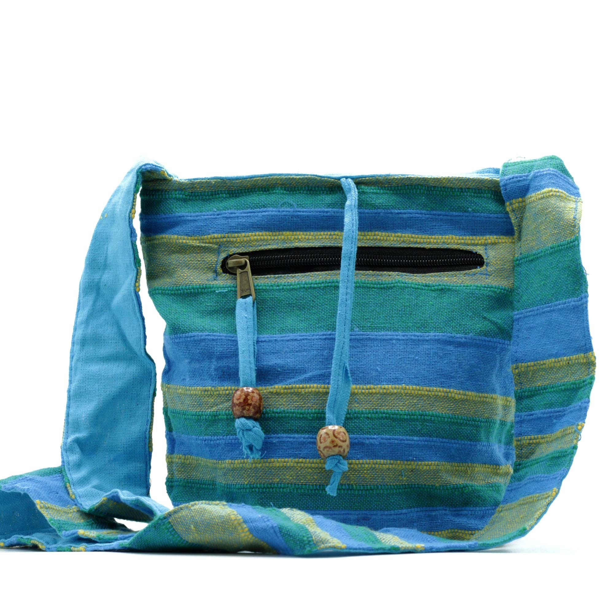 Sac Sling Népalais Prairies Printanières Vert & Bleu – Format Standard | Ultra-Léger | Artisanal