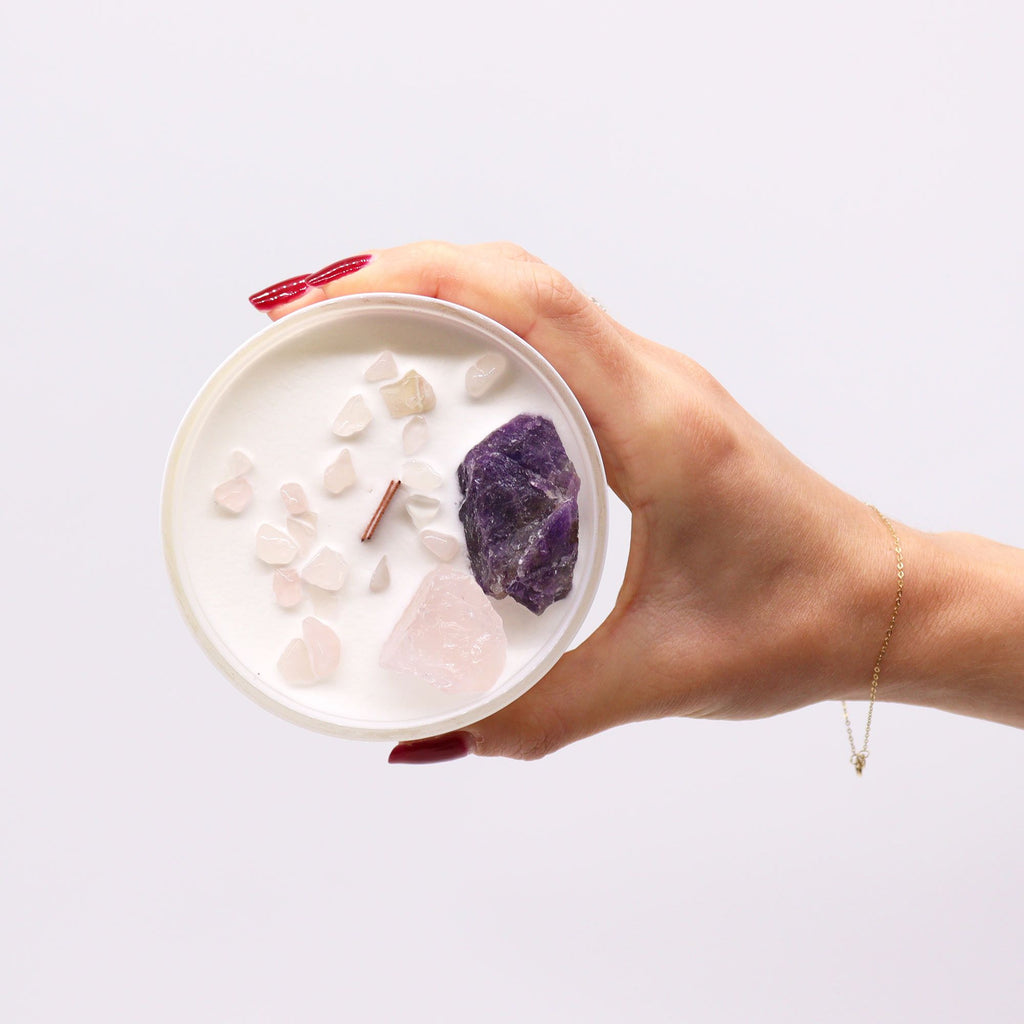 Bougie Cristal Chakra du Troisième Œil – Améthyste & Quartz Rose